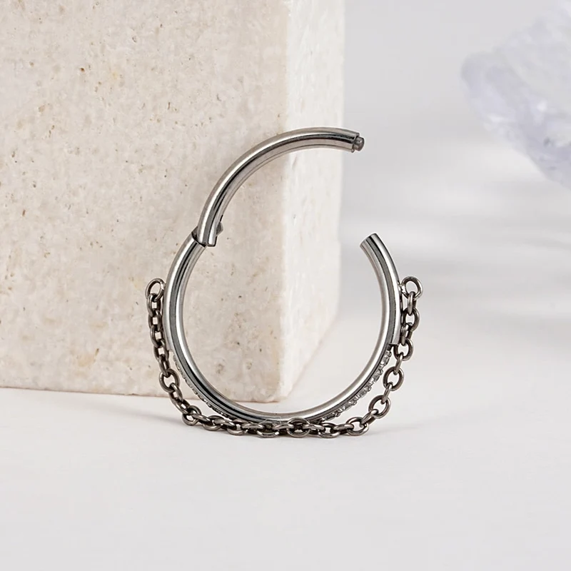 Gold helix hoop with a chain and CZ titanium 16G