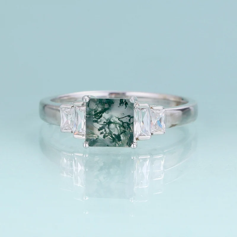 Moss agate ring band baguette ring in silver