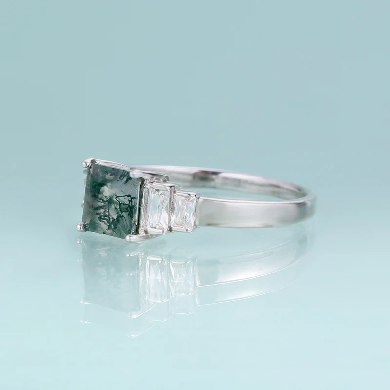 Moss agate ring band baguette ring in silver