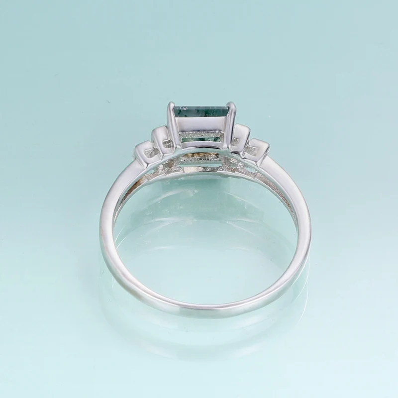 Moss agate ring band baguette ring in silver