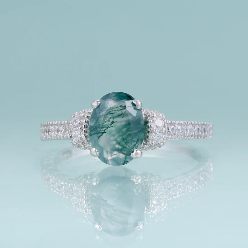 Silver moss agate ring oval cut pave setting art deco style