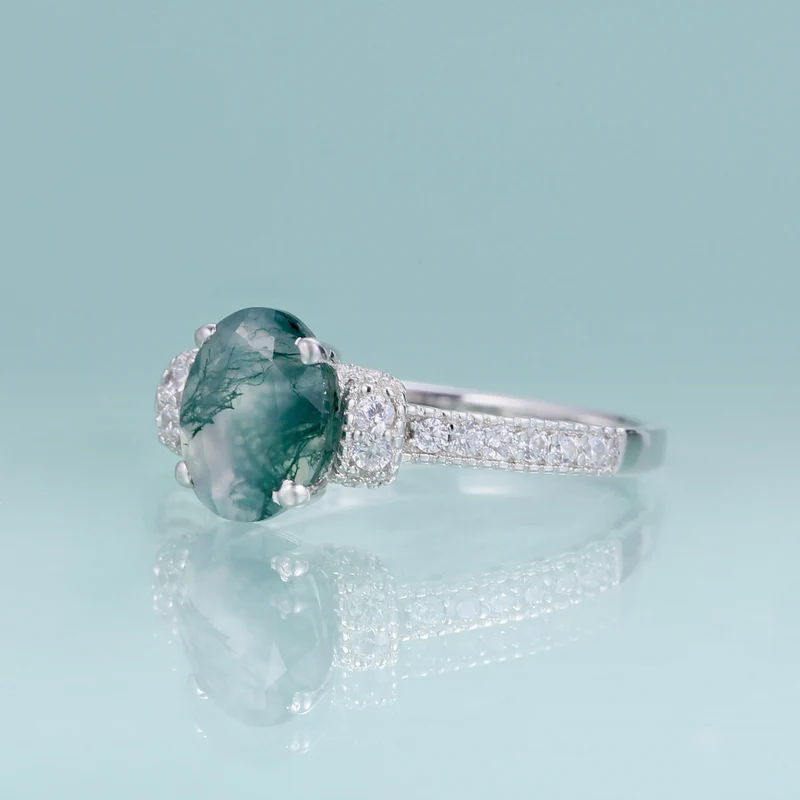 Silver moss agate ring oval cut pave setting art deco style