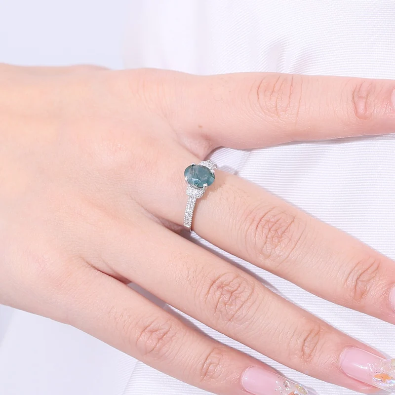 Silver moss agate ring oval cut pave setting art deco style