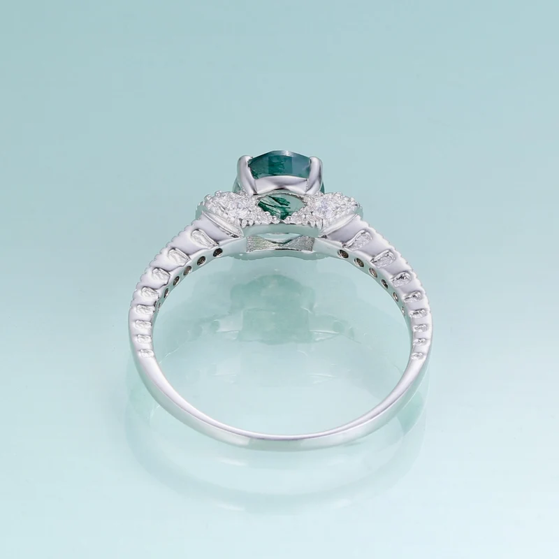Silver moss agate ring oval cut pave setting art deco style