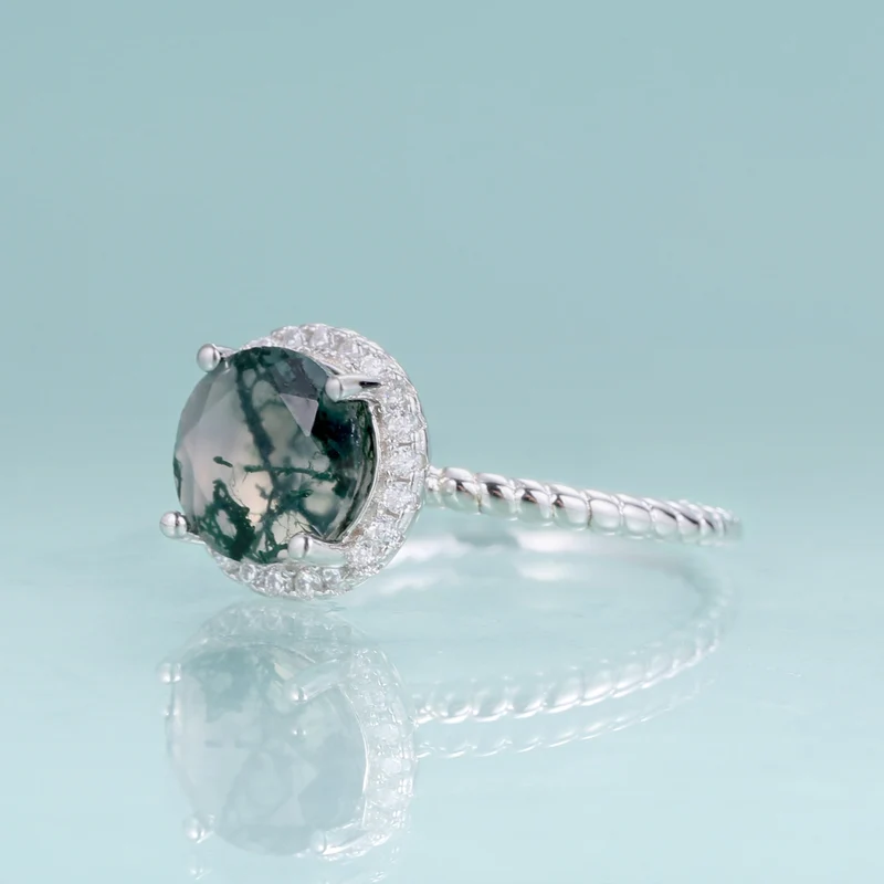 Moss agate promise ring round cut halo ring in silver