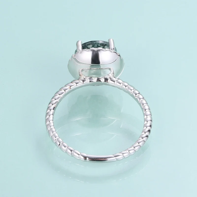 Moss agate promise ring round cut halo ring in silver