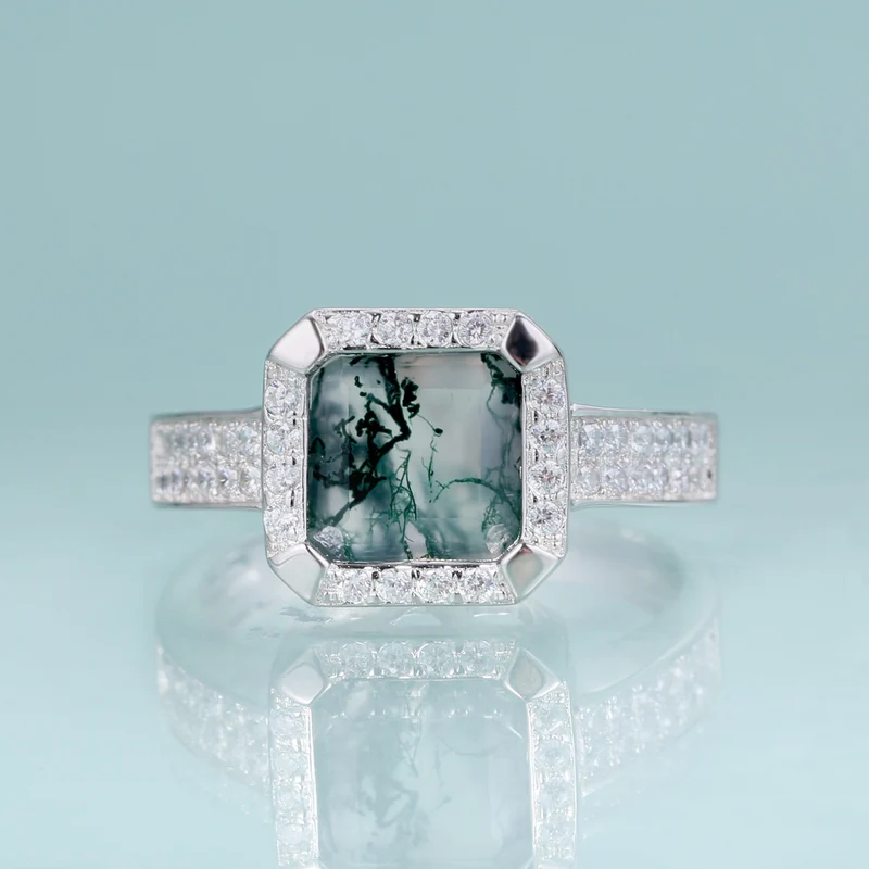 Men's moss agate ring square shape halo setting in silver