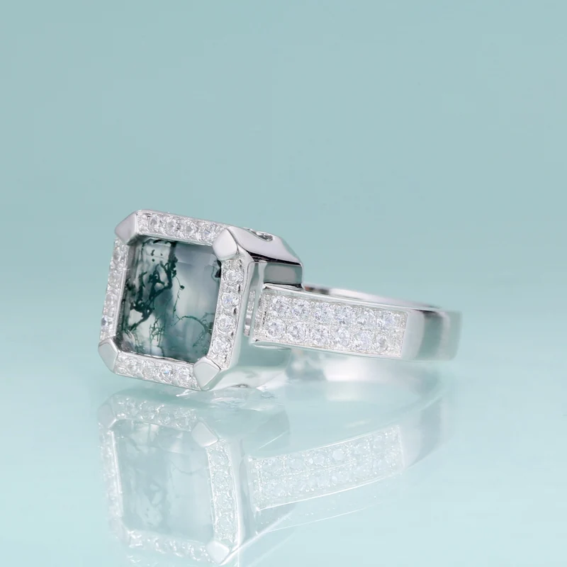 Men's moss agate ring square shape halo setting in silver