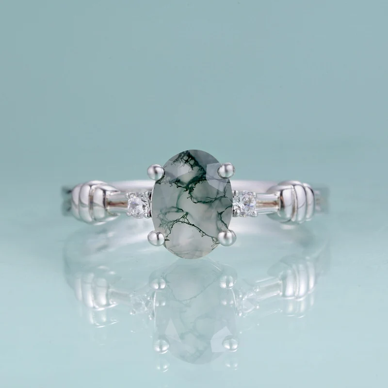 Nature-inspired moss agate engagement ring in silver