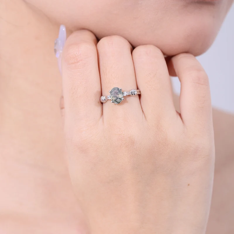 Nature-inspired moss agate engagement ring in silver
