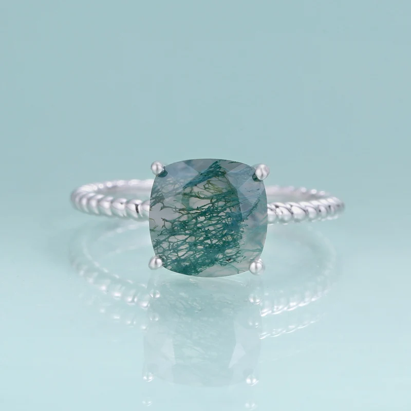 Natural moss agate ring square shape in silver
