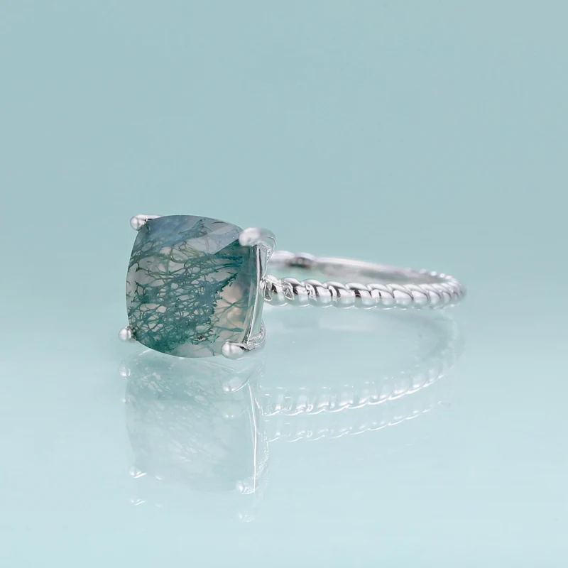 Natural moss agate ring square shape in silver