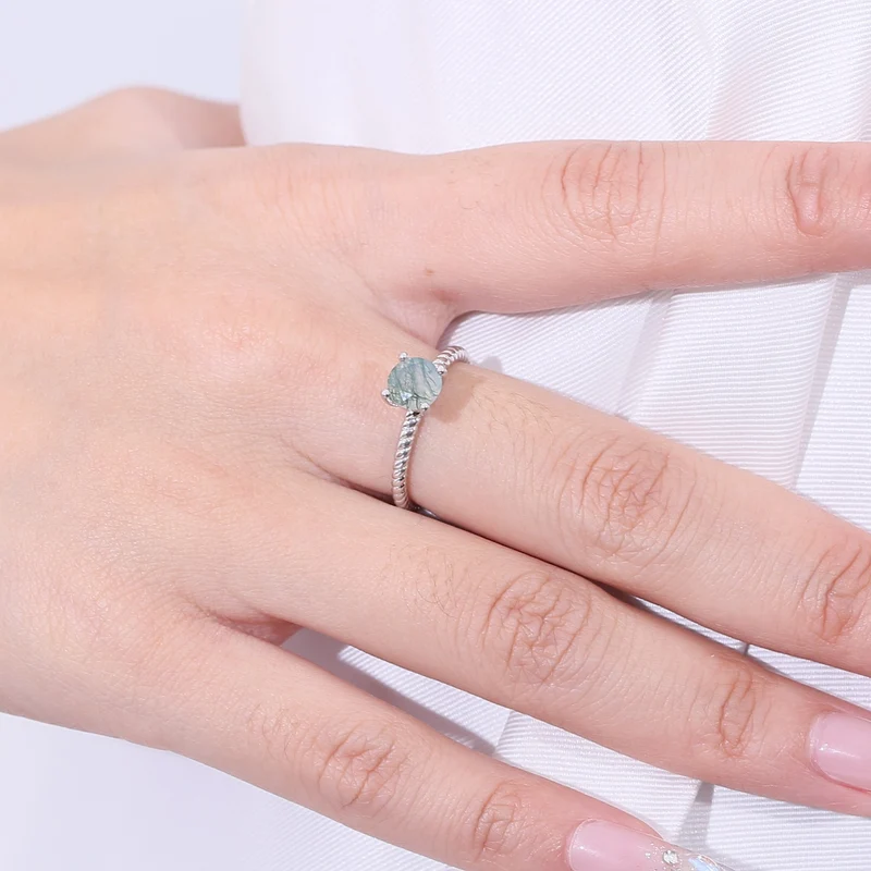 Women's moss agate ring solitaire ring minimalist and dainty in silver