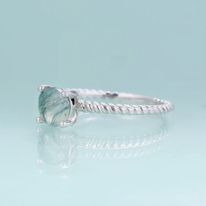 Women's moss agate ring solitaire ring minimalist and dainty in silver