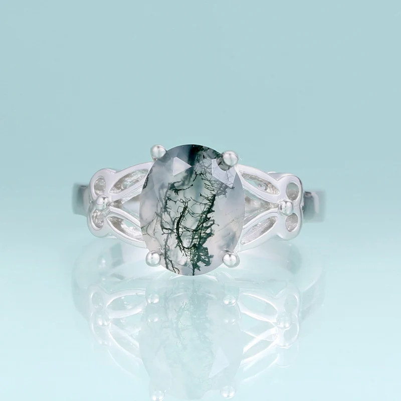 Moss agate ring vintage style oval cut in 925 sterling silver
