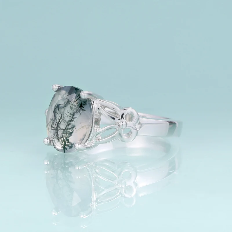 Moss agate ring vintage style oval cut in 925 sterling silver