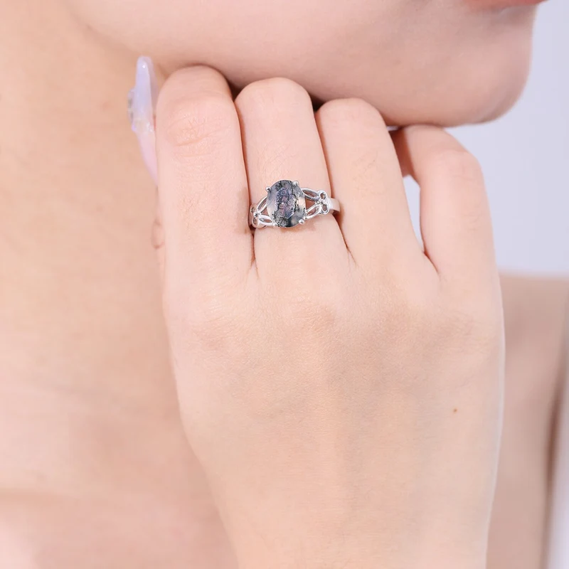 Moss agate ring vintage style oval cut in 925 sterling silver