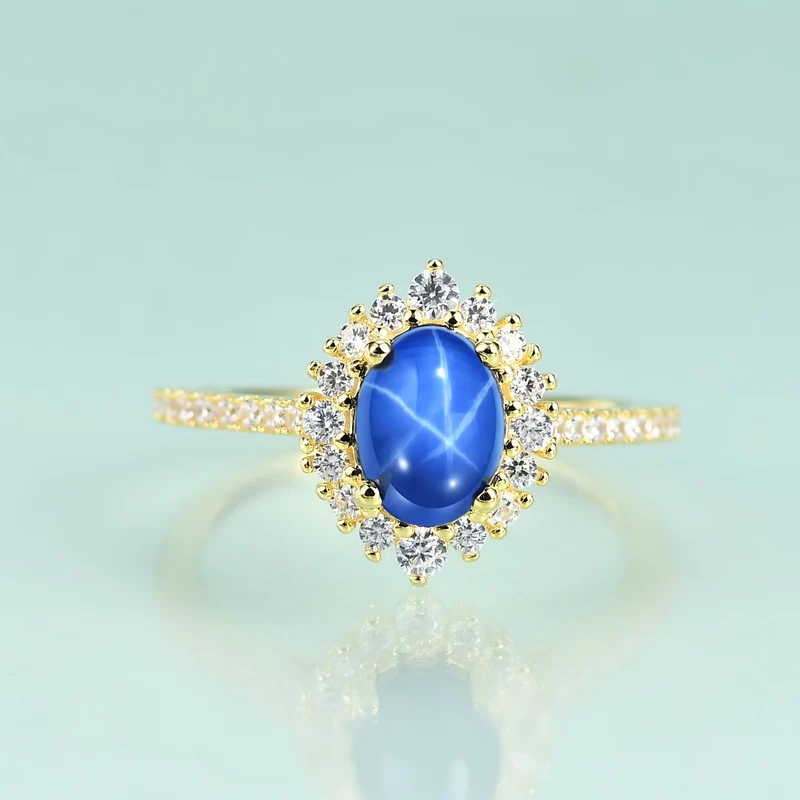 14K gold Princess Diana wedding ring mini blue star sapphire