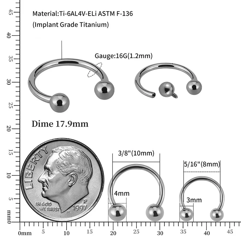 Titanium nose ring curved barbell horseshoe 14G 16G