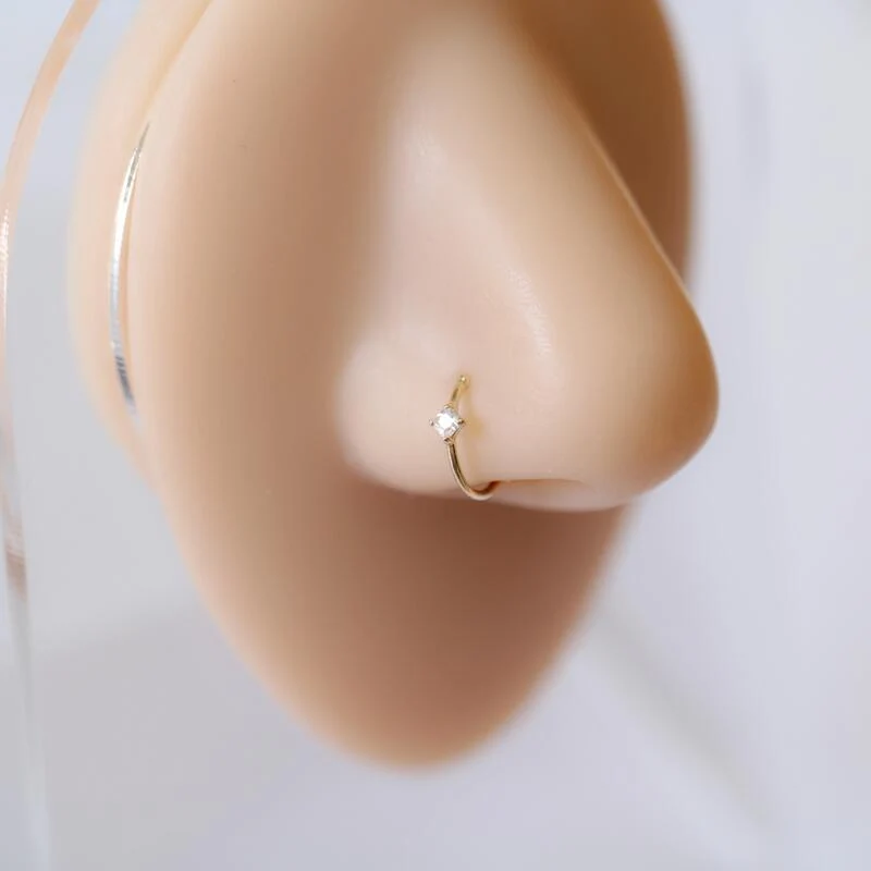 Gold nose ring hoop with diamond cz 14K solid gold