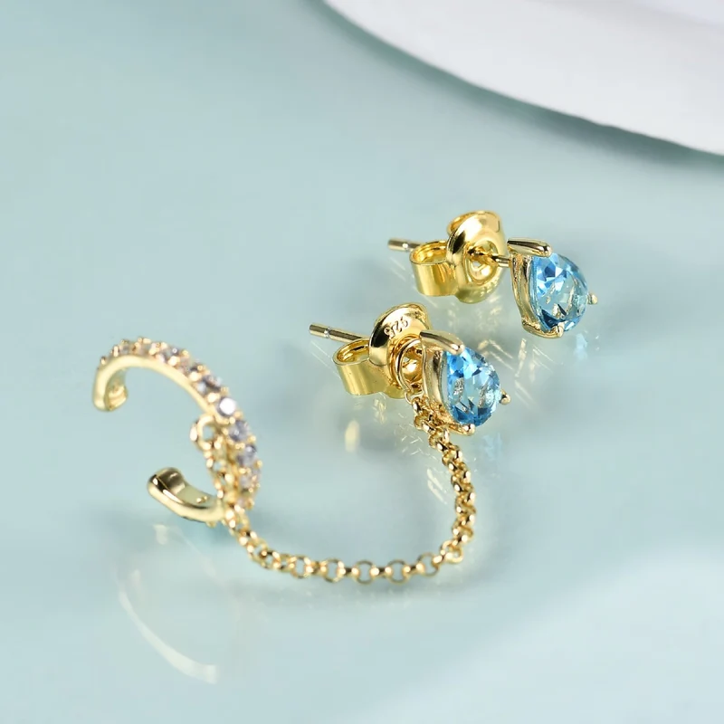 Swiss blue topaz earrings an ear cuff and stud set gemstone ear studs