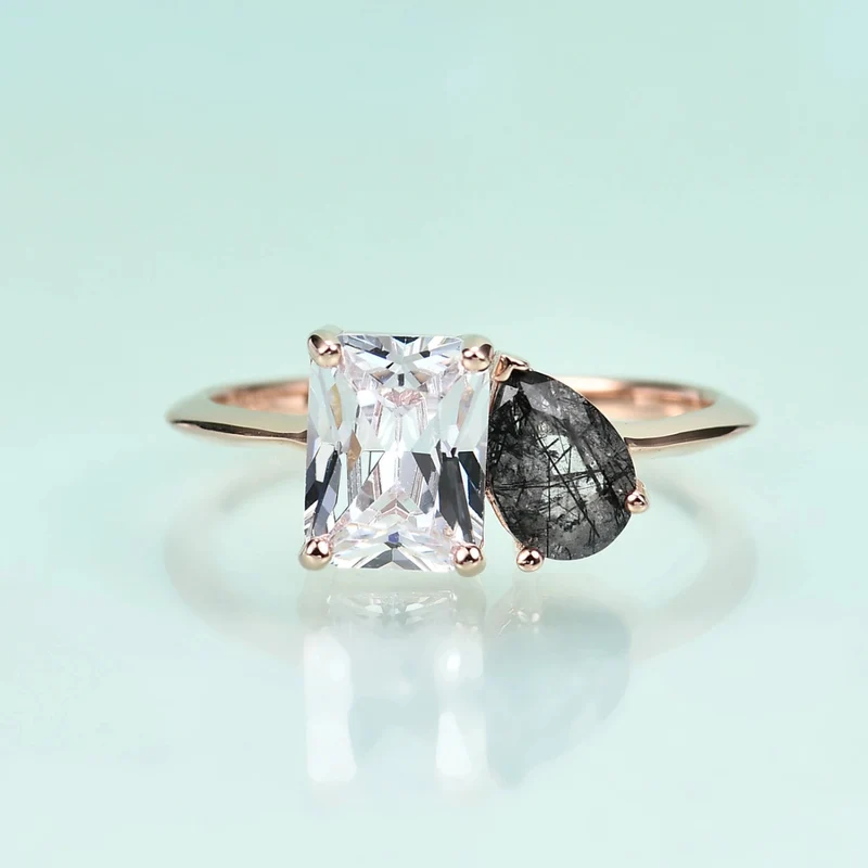 Toi et moi ring with black rutilated quartz
