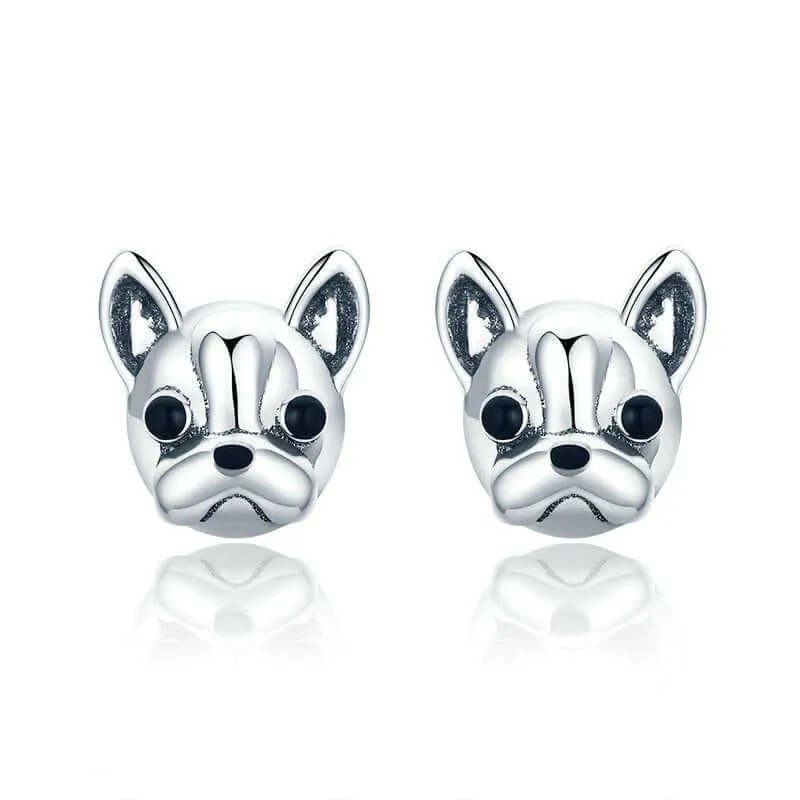 Silver dog earrings French bulldog