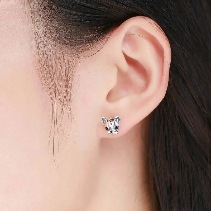 Silver dog earrings French bulldog