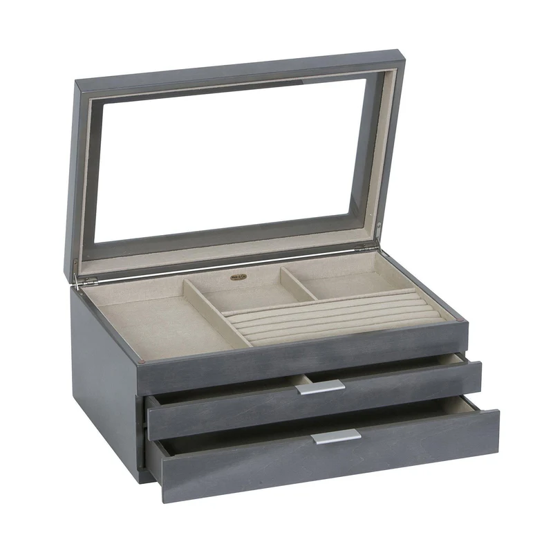 Misty Glass Top Wooden Jewelry Box in Oceanside Grey Finish