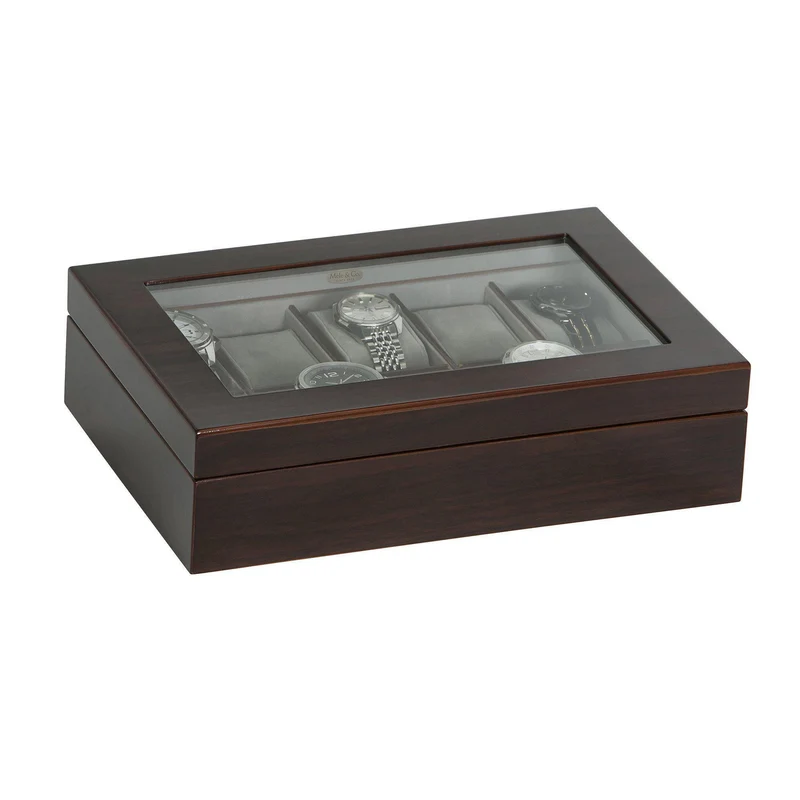 Hudson Glass Top Wooden Watch Box in Mahogany Finish