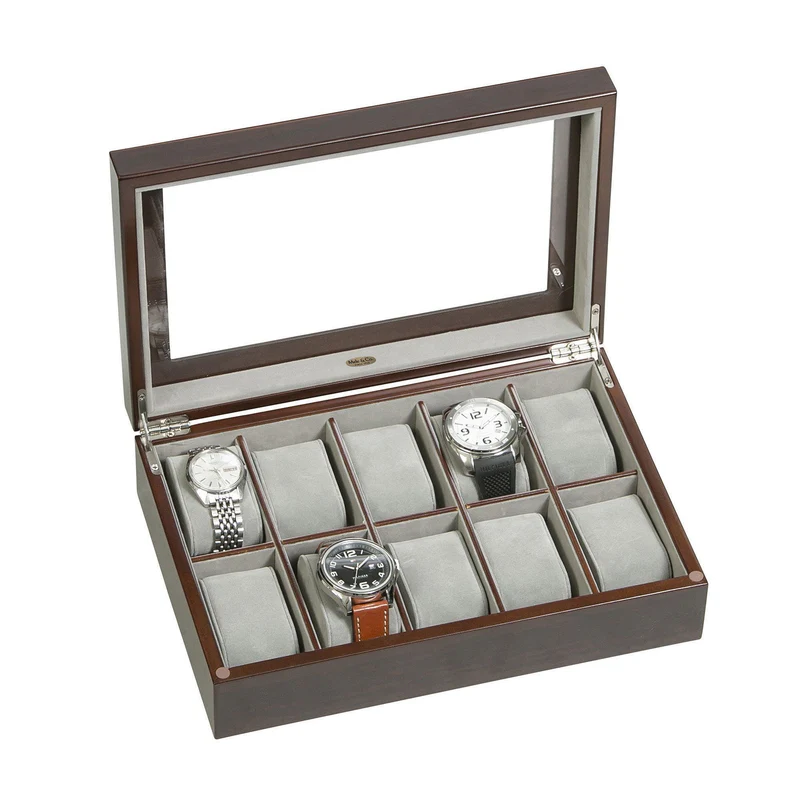 Hudson Glass Top Wooden Watch Box in Mahogany Finish