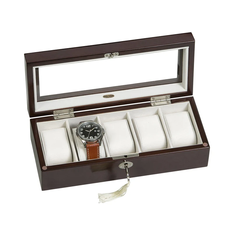 Macon Glass Top Wooden Watch Box in Mahogany Finish