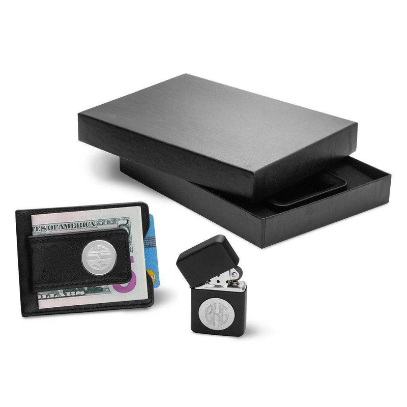 Black Leather Wallet & Black Lighter Personalized Set