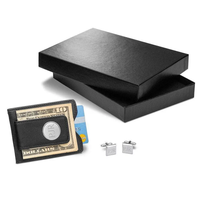Black Leather Wallet and Modern Square Cufflinks Personalized Gift Set