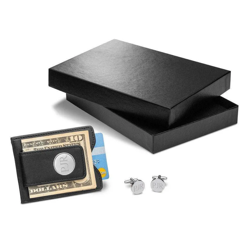 Black Leather Wallet and Classic Round Cufflinks Personalized Gift Set