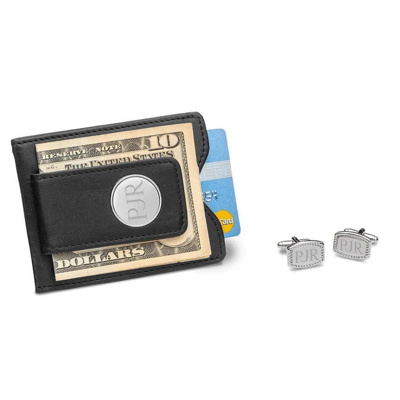 Black Leather Wallet and Beaded Rectangular Cufflinks Personalized Set