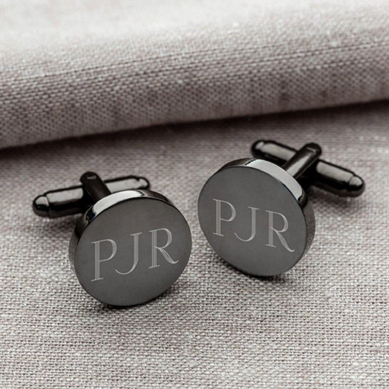 Brown Leather Wallet and Gunmetal Round Cufflinks Personalized Set