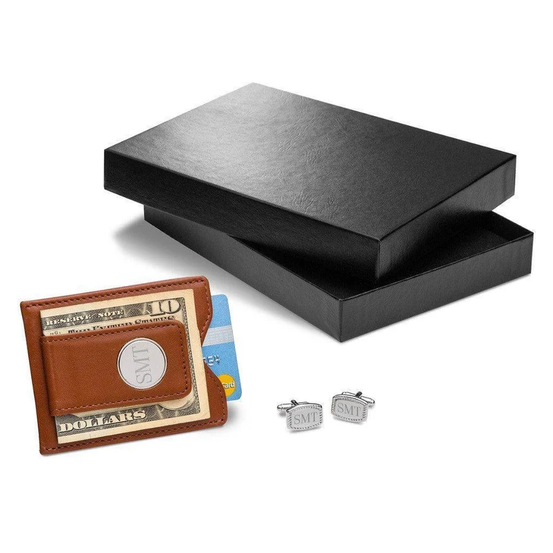 Brown Leather Wallet and Beaded Rectangular Cufflinks Personalized Set
