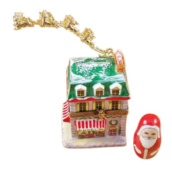 House With Santa And Brass Reindeer Limoges Box by Rochard™