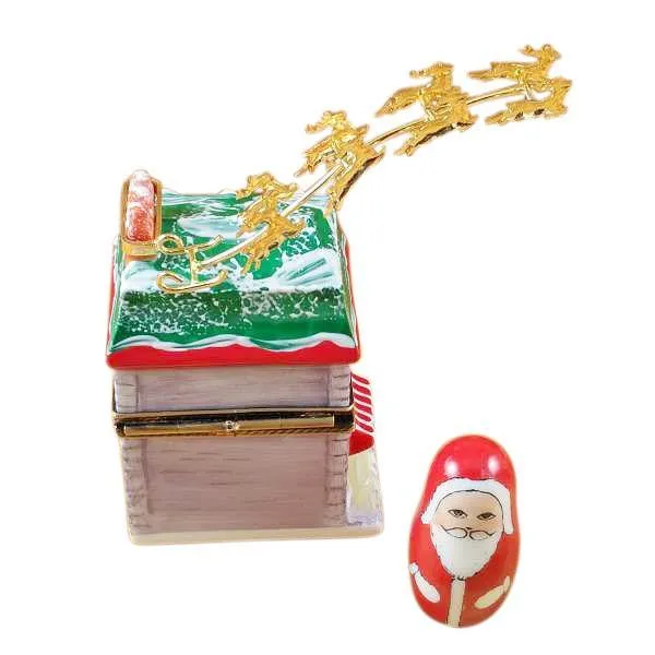House With Santa And Brass Reindeer Limoges Box by Rochard™