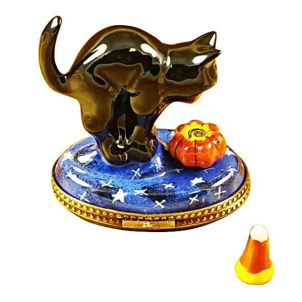 Cat Looking To Pumpkin With Removable Candy Corn Limoges Box by Rochard™