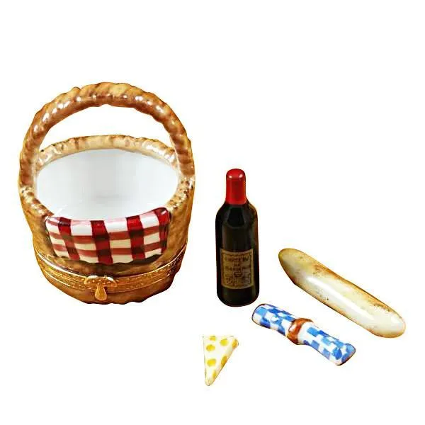Picnic Basket W/Wine, Bread, Cheese & Napkin Limoges Box by Rochard™