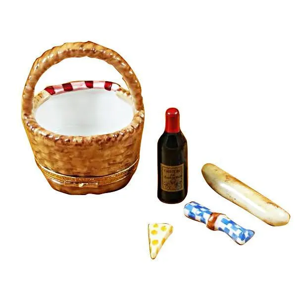 Picnic Basket W/Wine, Bread, Cheese & Napkin Limoges Box by Rochard™