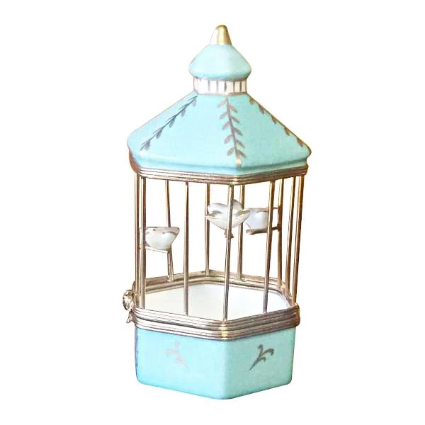 Tiffany Blue Birdcage with 3 Gold Birds Limoges Box by Rochard™