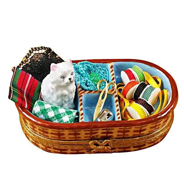 Sewing Basket With Cat Limoges Box by Rochard™