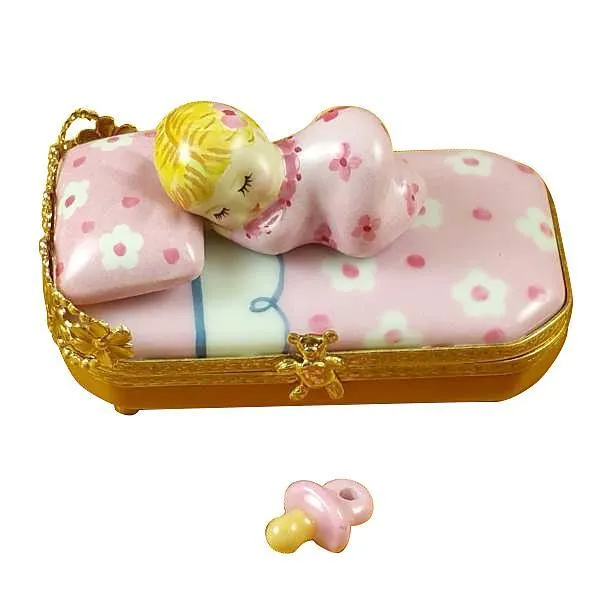 Baby In Pink Bed With Pacifier Limoges Box by Rochard™