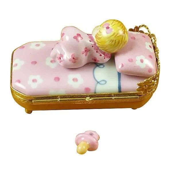 Baby In Pink Bed With Pacifier Limoges Box by Rochard™