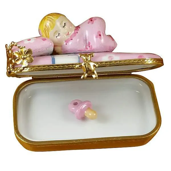 Baby In Pink Bed With Pacifier Limoges Box by Rochard™