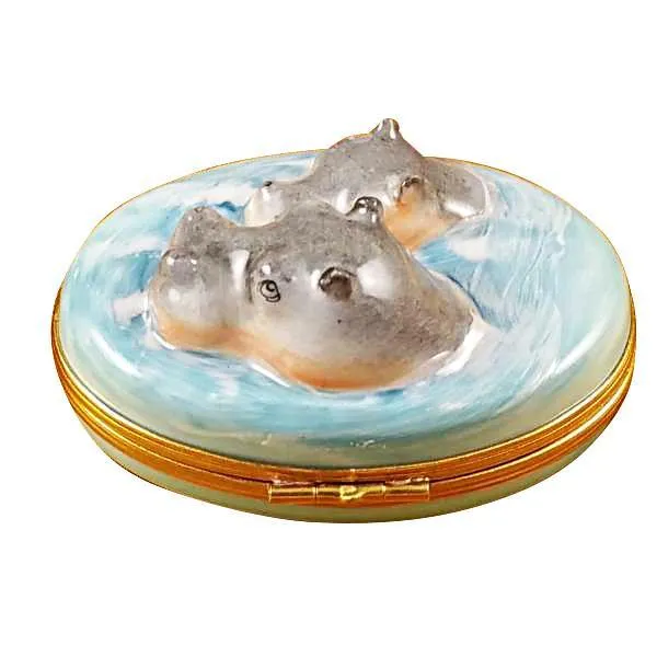 Hippo With Baby In Water Limoges Box by Rochard™