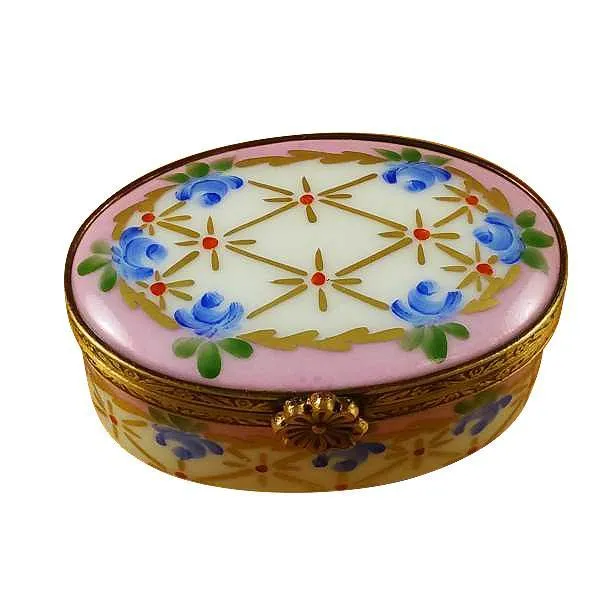 Pink Oval W/ Blue Flowers Limoges Box by Rochard™
